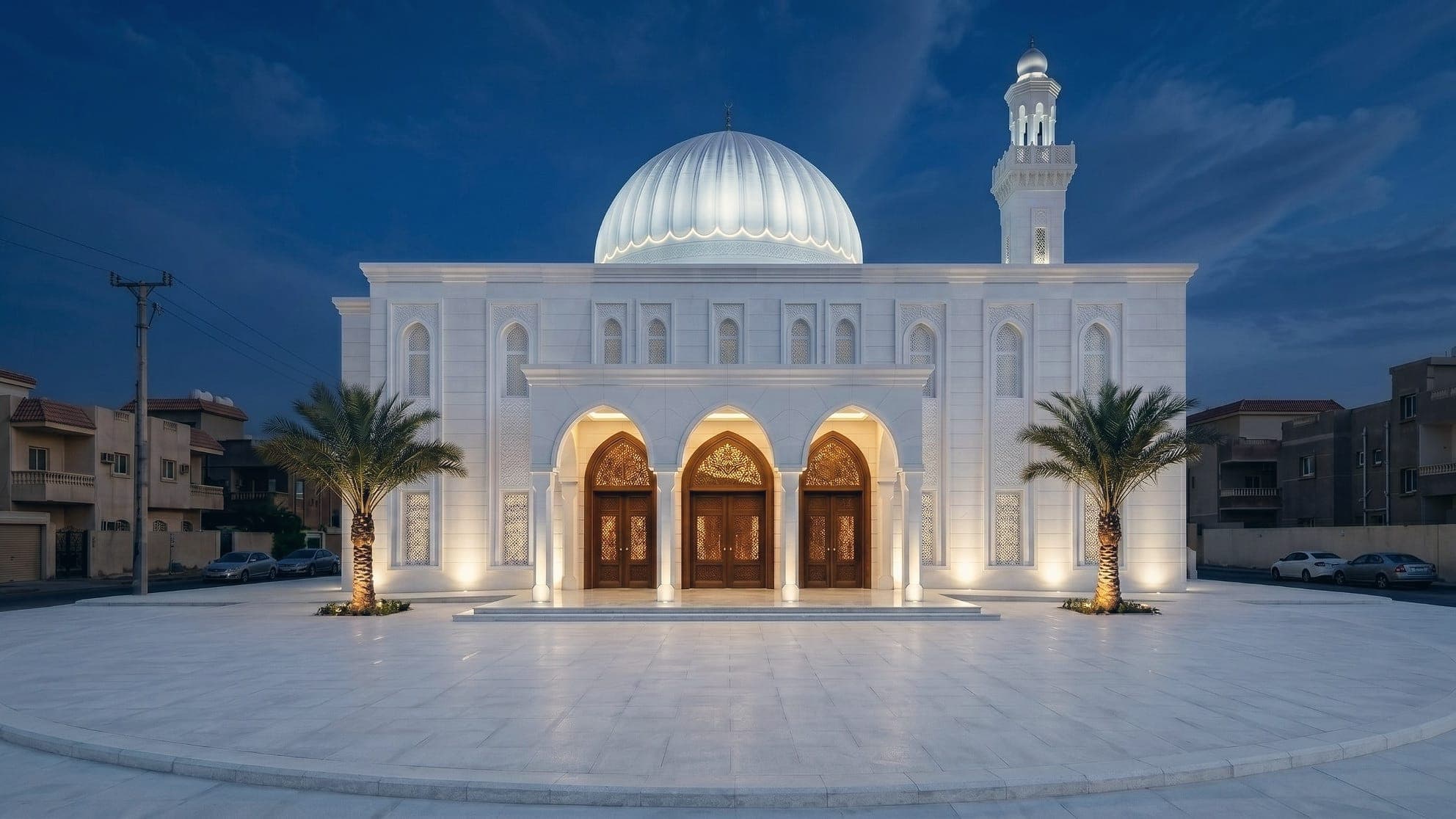 A neighbourhood mosque in white stone